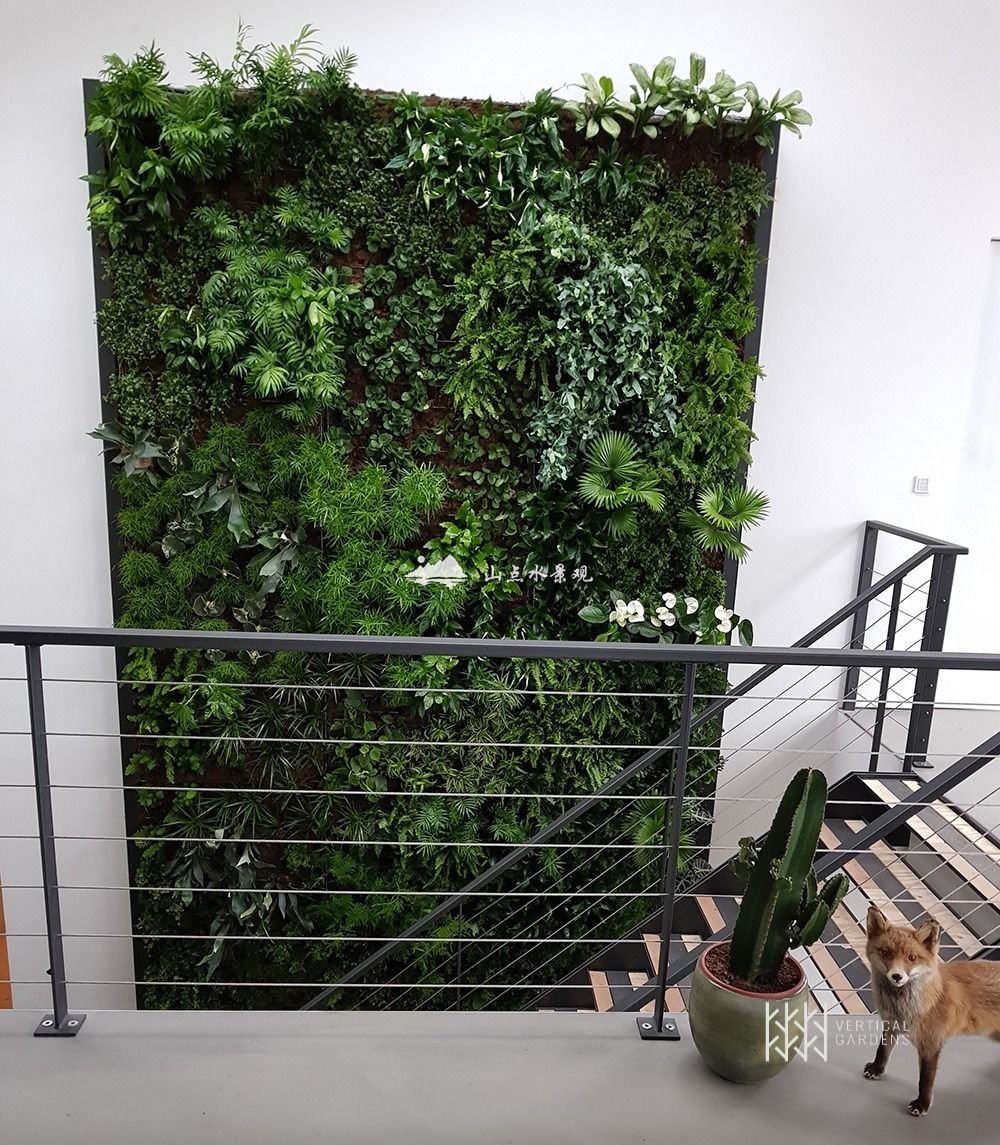 别墅手扶楼梯旁植物墙，垂直绿化景观