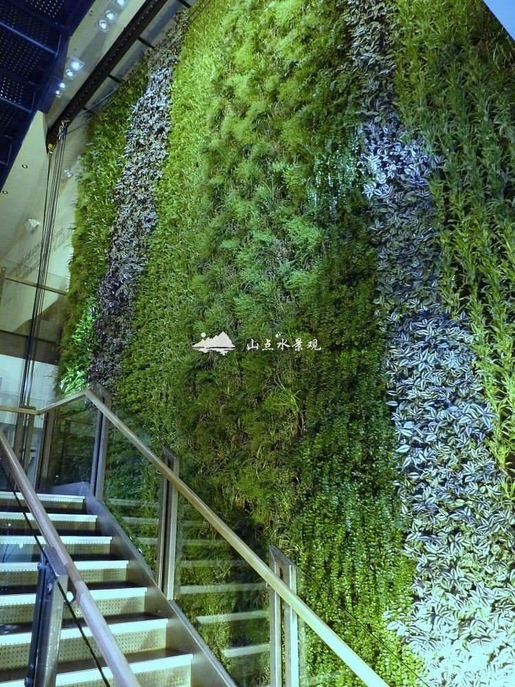 商业空间，商场步梯旁大面积植物墙景观